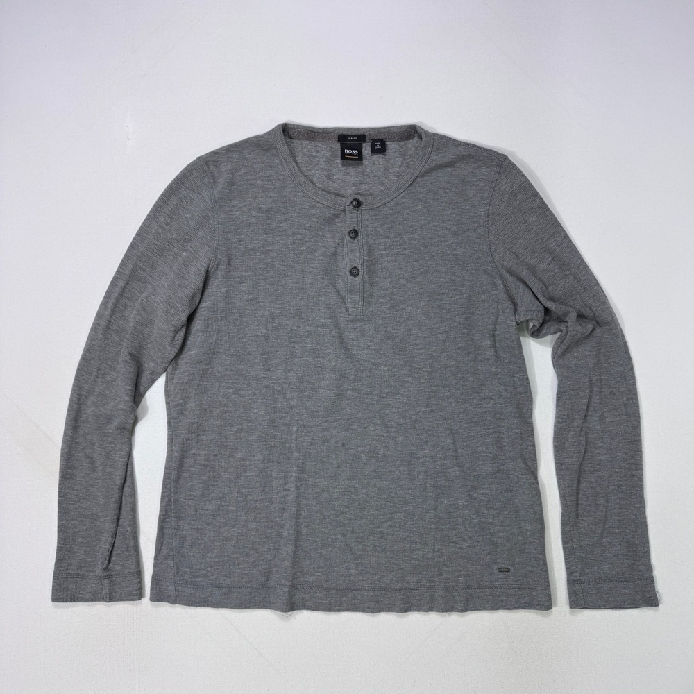 Hugo Boss Slim Fit Henley Shirt Mens Large Gray Long Sleeve Cotton Waffle Knit